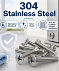 Get These Bad 100 Pcs 304 Stainless Steel Hurricane Shutter Fasteners And Sidewalk Bolts For Your Home And Keep Windows And Doors Locked Down Tight In Any Storm Without Fear Of Damage. Silver 304 stainless steel screws in close-up.