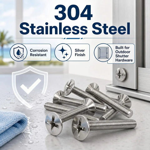 Get These Bad 100 Pcs 304 Stainless Steel Hurricane Shutter Fasteners And Sidewalk Bolts For Your Home And Keep Windows And Doors Locked Down Tight In Any Storm Without Fear Of Damage. Silver 304 stainless steel screws in close-up.