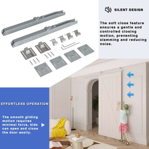 Heavy Lifters Barn Door Glide Kit With Soft Close Action For Doors Up To 160 Pounds Smooth Operator No Hassle Hole Free Setup In Classic Gray 2 Pack components laid out in room with child demonstrating smooth operation.