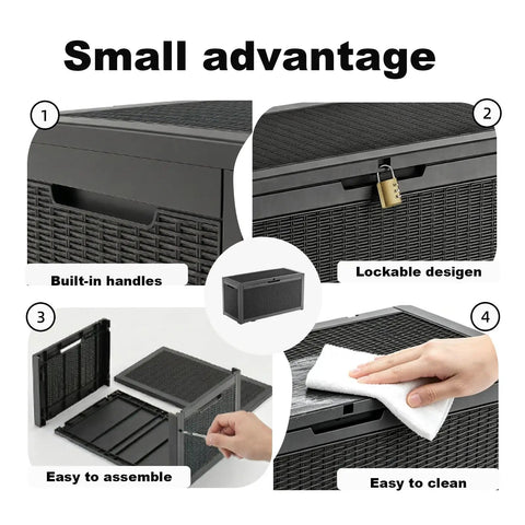 100 Gallon Resin Deck Box Lockable Outdoor Storage Chest features built-in handles, lockable design, assembly view, and easy cleaning.