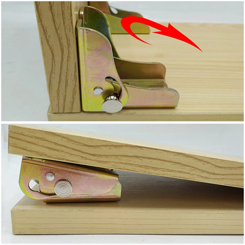 Badass Self Locking Folding Hinges, Slick 0-90 Degree Leg Support Brackets, showing side view and angle of use on wood.