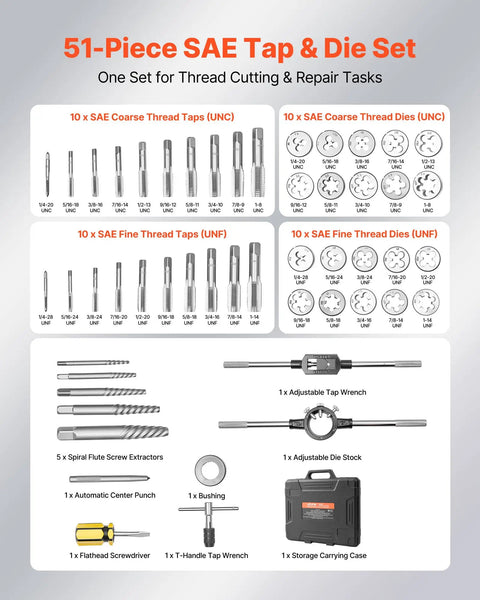 51-Piece SAE Tap And Die Set For Threading And Rethreading 1/4 To 1 Inch Coarse And Fine Thread Taps Dies With Wrench Case