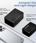 Comparison of original and GaN Pi 5 power adapters, showcasing compact size and light weight next to a smartphone