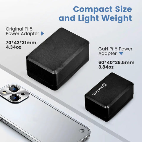 Comparison of original and GaN Pi 5 power adapters, showcasing compact size and light weight next to a smartphone