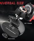 Close-up of AOBEN cordless angle grinder (red) with 4-1/2 inch wheel and 5/8-inch spindle