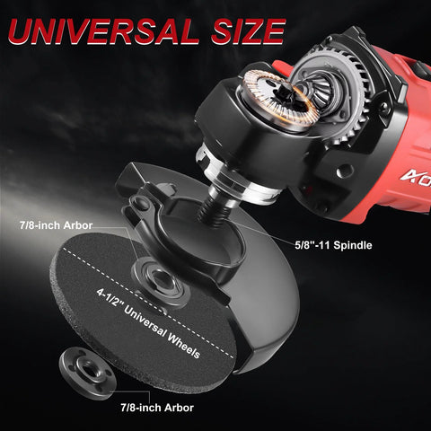 Close-up of AOBEN cordless angle grinder (red) with 4-1/2 inch wheel and 5/8-inch spindle