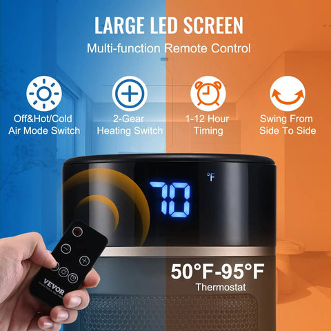 Compact Electric Space Heater With Thermostat And Remote Control showing LED display with temperature settings