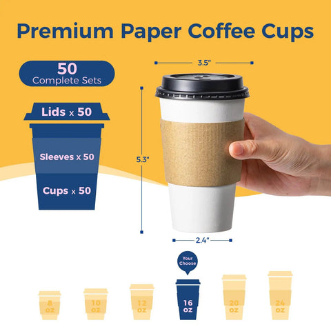 Hand holding Leak Proof 16 Oz Disposable Coffee Cups With Lids Sleeves To Go Cups For Hot Beverages 50 Pack Durable Paper Cups