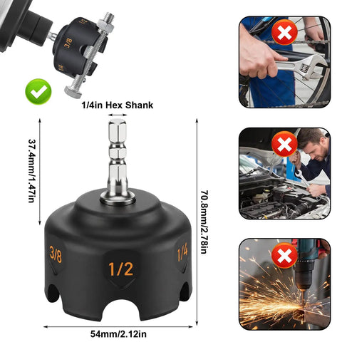 Heavy Duty All Thread Nut Runner And Bolt Extractor Tool For Fast No Sweat Removal Of Stubborn Nuts, showing 1/4in hex shank and sizes.