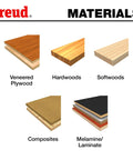 Materials compatible with Double Compression Router Bit 1/4 Inch Dia include veneered plywood, hardwoods, softwoods, composites, melamine/laminate.