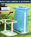 Foldable Trash Bag Holder For On The Go Cleanup Lightweight Collapsible Trash Bag Stand Perfect For Camping Outdoors Cars And Home Easy Assembly Compact Storage Includes 15 Bags shown with blue bag and table setting