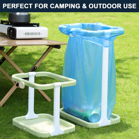 Foldable Trash Bag Holder For On The Go Cleanup Lightweight Collapsible Trash Bag Stand Perfect For Camping Outdoors Cars And Home Easy Assembly Compact Storage Includes 15 Bags shown with blue bag and table setting