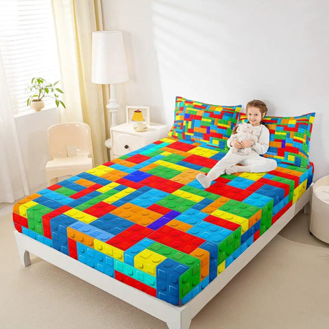 Colorful Brick Pattern Twin Size Fitted Sheet Set With Pillowcase For Kids Teens And Adults Geometric Patchwork Bedding In Soft Microfiber Material For A Dope Chic Modern Bedroom Vibe, twin bed shown