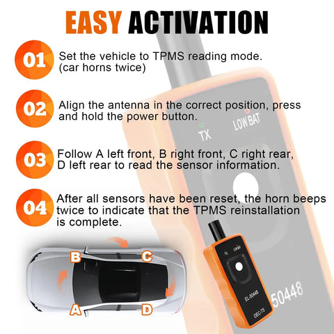 Solid El50448 TPMS Relearn Tool For GM Trucks And Cars That Quickly Trains Tire Pressure Sensors And Clears Dash Warning Lights steps for easy activation with car and tool