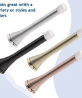 4 metal door stoppers in silver, black, gold, and rose gold with white rubber tips for wall protection against doors.
