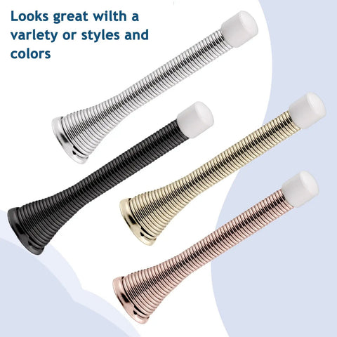 4 metal door stoppers in silver, black, gold, and rose gold with white rubber tips for wall protection against doors.