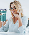 Premium Bulk Personalized 20 Oz Stainless Steel Tumbler With Lid Insulated Double Wall Cup Custom Text Or Photo Logo Print Navy Shade, held by a smiling woman in an office.