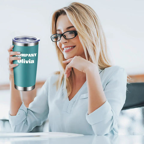 Premium Bulk Personalized 20 Oz Stainless Steel Tumbler With Lid Insulated Double Wall Cup Custom Text Or Photo Logo Print Navy Shade, held by a smiling woman in an office.