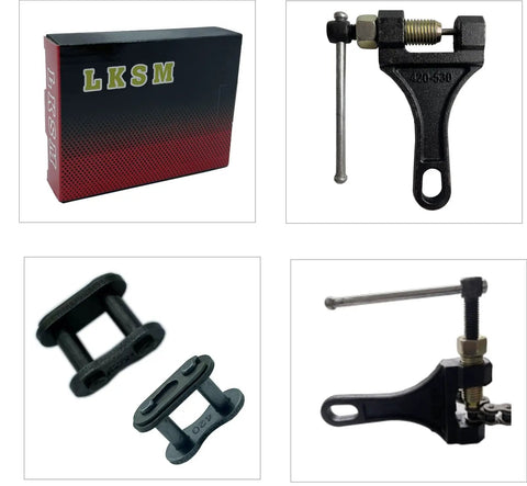 Pro Grade Heavy Duty Chain Breaker Tool Built Tough For 420 To 530 Roller Chains, box packaging, tool, and connector links.
