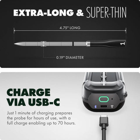 Smart Wireless Meat Thermometer With Ultra Thin Probe For Grill BBQ Oven Smoker And Air Fryer Real Time Internal Temp Five Sensors For Maximum Accuracy 1000F Heat Safe WiFi Remote Monitoring Guided Cooking Rest Timers Gen3 with extra-long probe dimensions and USB-C charging feature