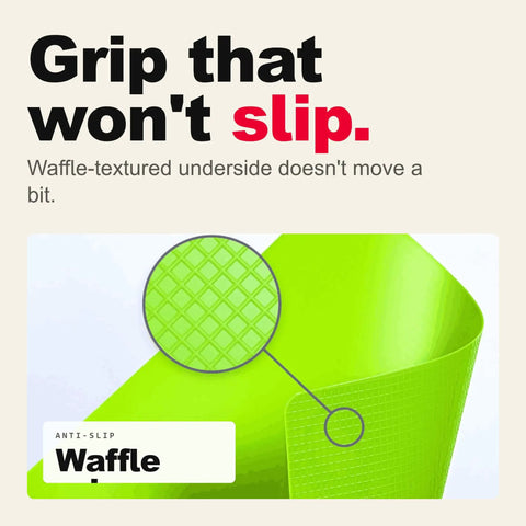Top Shelf Bamboo Cutting Board Set With Six Color Coded Flexible Mats And Smart Storage Holder For Effortless Meal Prep BPA Free Non Slip Kitchen Chopping Block Makes Your Daily Grind A Breeze showing a green waffle-textured mat for non-slip grip.