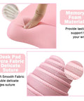 Close-up of pink 4-In-1 Memory Foam Keyboard Wrist Rest And Large Mouse Pad Desk Mat Set with memory foam and delicate lycra stitch