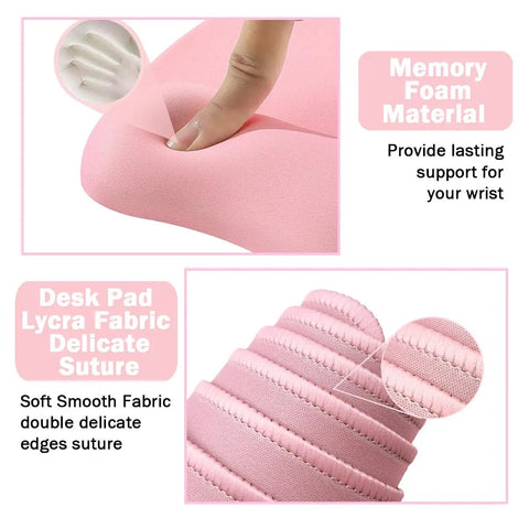 Close-up of pink 4-In-1 Memory Foam Keyboard Wrist Rest And Large Mouse Pad Desk Mat Set with memory foam and delicate lycra stitch