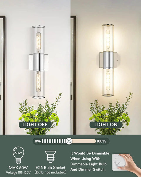 Chrome Bathroom Vanity Light Fixtures With Clear Glass Sconces Two Light Chic Modern Up And Down Wall Mount Lamp, light off and on