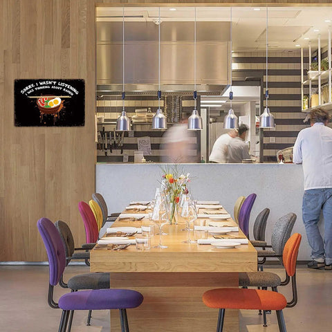 Ramen Lover Tin Sign Vintage Metal Wall Art decor mounted in a modern dining area, 8x12 inch rustic aluminum sign with charm.