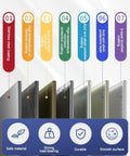 Seven coatings displayed on heavy duty stainless steel shelving unit showing durability and protective features.