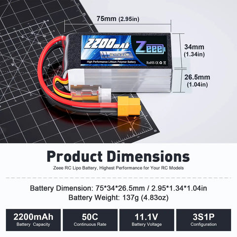 3S LiPo Battery 2200mAh 11.1V 50C Shorty Pack With XT60 Plug dimensions and specifications display