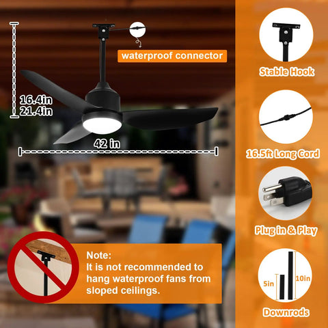 42 Inch Outdoor Ceiling Fan With Light Black Waterproof Gazebo Hangin Fan For Patios And Porches Remote And App Control Plug In 6 Speed Reversible DC Motor Weatherproof
