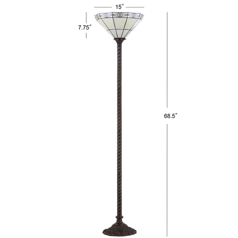 Bronze Tiffany Style Torchiere Floor Lamp 68.57 Inch Tall With Handcrafted Multicolor Stained Glass Bowl Shade Traditional Art Deco Metal Standing Light LED Bulb Included ETL Listed Retro Vibe showing full lamp with dimensions