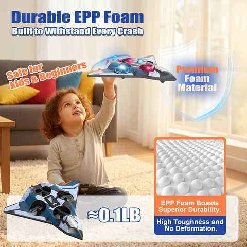 Child playing indoors with Dope Remote Control Foam Fighter Jet With Lights 360 Degree Flips And Stable Hovering Easy RC Airplane Toy.