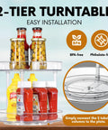Two Tier Lazy Susan Turntable Organizer for Cabinets and Pantry with condiments, transparent design.