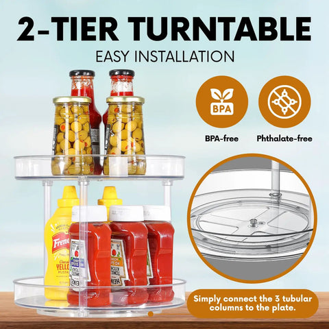 Two Tier Lazy Susan Turntable Organizer for Cabinets and Pantry with condiments, transparent design.