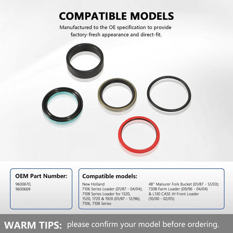 Heavy Duty Hydraulic Cylinder Seal Kit for Loader Lifting Cylinders Compatible With 7106 7108 7308 Case IH L130 Front Loader OEM 9600670 9600669 Replacement Seals, including various seals and compatibility information.