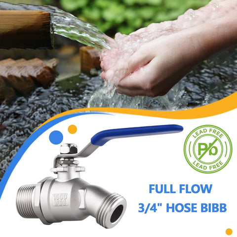 Front view of a Full Flow 304 stainless steel hose bibb with blue lever, 3/4 in NPT outdoor spigot