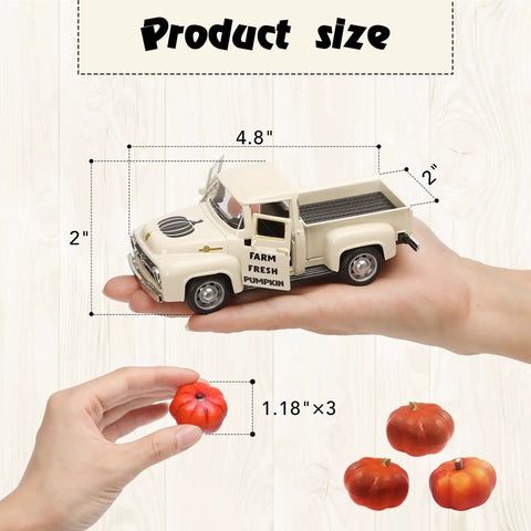 Fall Harvest Mini Metal Truck Decor With Three Pumpkins displayed in hands, showing size dimensions for tiered tray decoration.