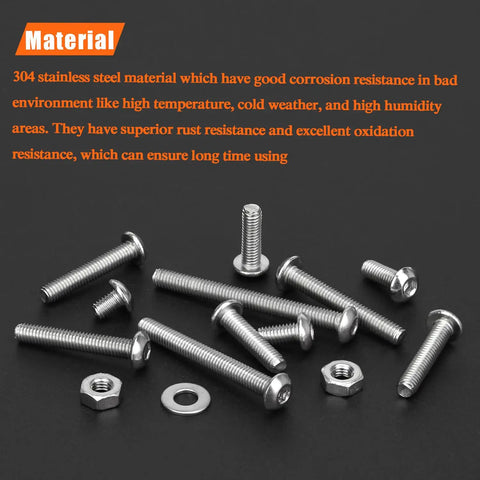 Hella Durable M3 Button Head Socket Cap Screw And Hex Nut Assortment Kit With 1280 Pieces 304 Stainless Steel fasteners displayed on black background.