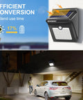 Solar Outdoor Motion Sensor Lights 120 Degree Wide Illumination IP65 Waterproof Wireless Security Lighting For Garden Fence Patio Deck 28 LEDs 4 Pack No Fuss Setup Rechargeable Solar Powered Easy Install illuminating garage at night with car parked.
