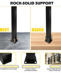 Heavy Duty 54 Inch Matte Black Powder Coated Aluminum Decorative Railing Post Kit For Deck And Porch With Reinforced Base For Rock Solid Balcony Fence EZ Install showing pre-welded base on cement and wood.