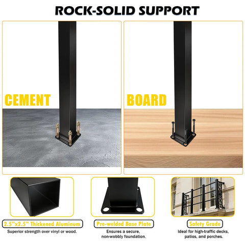 Heavy Duty 54 Inch Matte Black Powder Coated Aluminum Decorative Railing Post Kit For Deck And Porch With Reinforced Base For Rock Solid Balcony Fence EZ Install showing pre-welded base on cement and wood.