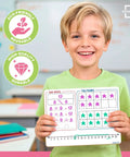 Child holding Double-Sided Dry Erase Math Board For Kids with bar model, ten frame, number line in classroom setting.