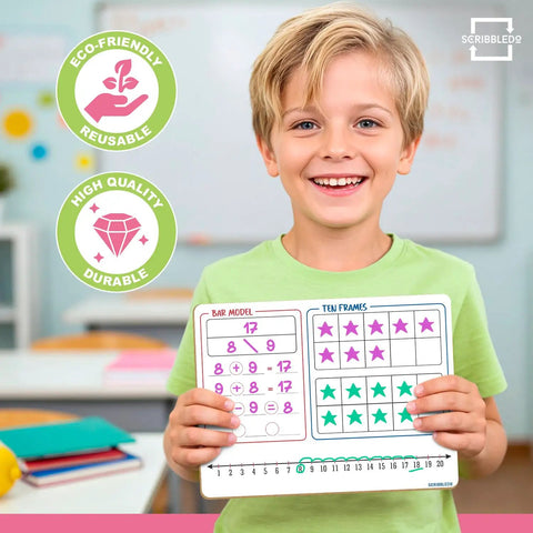 Child holding Double-Sided Dry Erase Math Board For Kids with bar model, ten frame, number line in classroom setting.