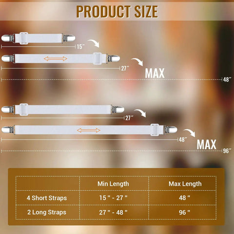 Six Pack Hidden Strap Tablecloth Clips For Outdoor Use No Slip Elastic Table Cover Holder size chart showing strap lengths