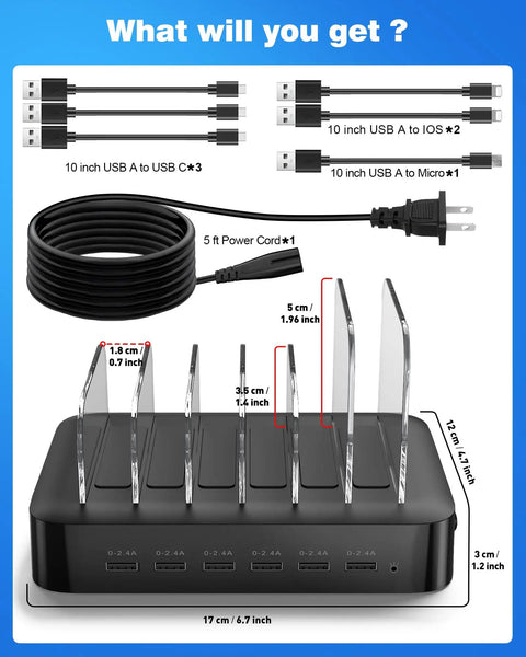 6 Port USB Charging Station Organizer For Multiple Devices With 6 Cables All In One Fast Charging Dock