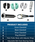 Clamshell Carrier Pinion Bearing Puller Set Color Coded 75mm 74mm 70mm Sizes with components layout, including clamps and plug.