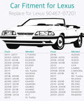 Car fitment chart for Lexus models showing compatibility for retainer clips with models including ES300, GS350, RX450h and more.