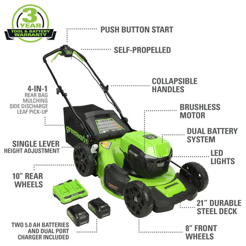 Cordless Yard Tool Bundle With 21 Inch Self Propelled Lawn Mower and accessories, green components with specifications labeled